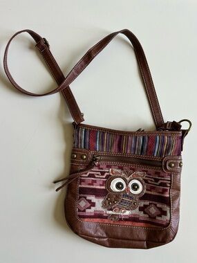 Brown Multicolor Owl Embroidered Crossbody Bag for Women